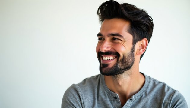 Man smiles broadly showing teeth, looking to side. He has dark hair and beard, wearing grey casual shirt against white background. His expression is happy and confident.