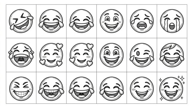Collection of Hand Drawn Emoji Faces Expressing Joy and Laughter.