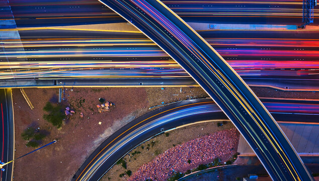 Aerial Las Vegas Downtown Highway Interchange With Colorful Blue Hour Light Trails