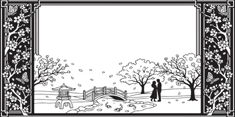Serene Garden Scene: A romantic silhouette of a couple stands beneath blossoming trees, framed by intricate floral patterns and classic Asian architecture. © Mr sTuDiO