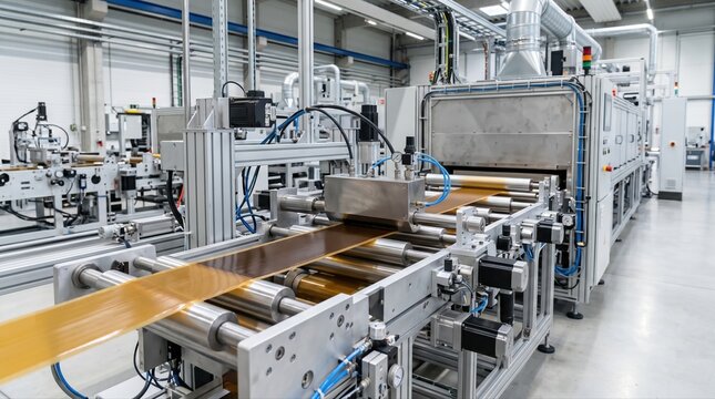 Medium shot of a magnetic tape coating machine applying solventbased magnetic layer onto a long web highlighting precise industrial automation in a clean factory setting.