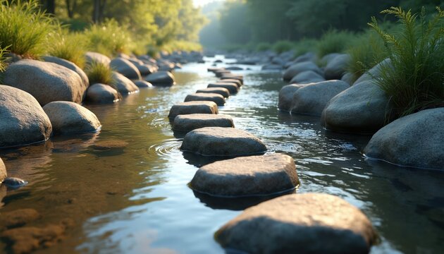 Flat stones form a path across gentle flowing river water. Tall green grass grows on river banks. Sunlight filters through trees creating a peaceful natural scene.