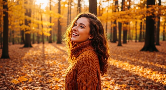 A young woman in a cozy orange sweater smiles in an autumn forest. Golden leaves and warm sunlight create a perfect fall atmosphere for seasonal lifestyle content.