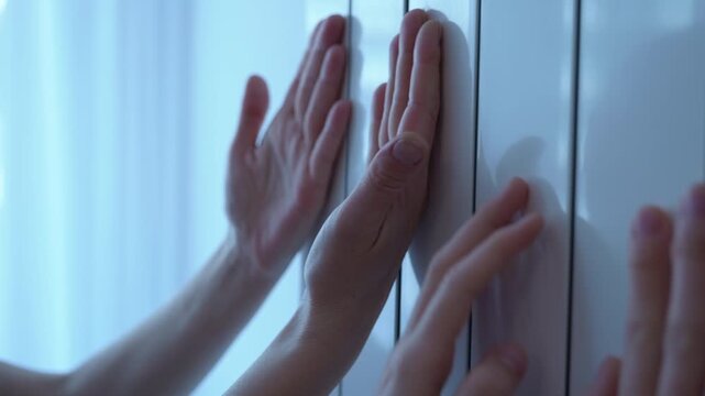 Cold hands sliding down a white radiator. Cold hands touching and slowly sliding down a warm white radiator to feel the heat during a chilly winter day, symbolizing the need for comfort, warmth