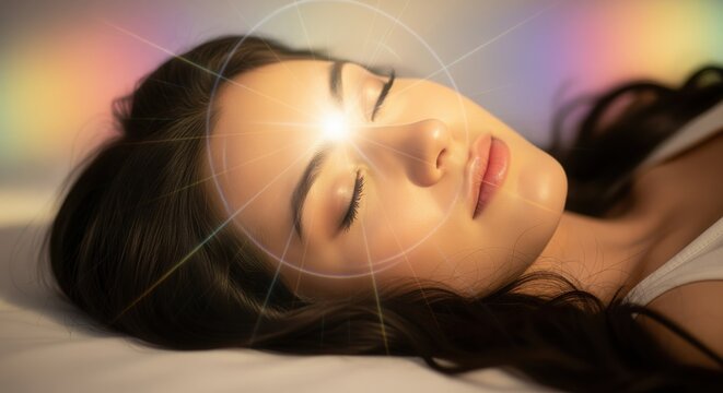 A young woman with dark hair rests peacefully with closed eyes, her face glowing with soft, warm light. Her serene expression suggests deep sleep or meditation in a calming atmosphere.