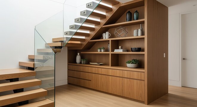 Modern wooden shelving unit with storage drawers under a floating staircase with glass railings. Displays decorative items and plants in a bright minimalist space with natural wood floors.