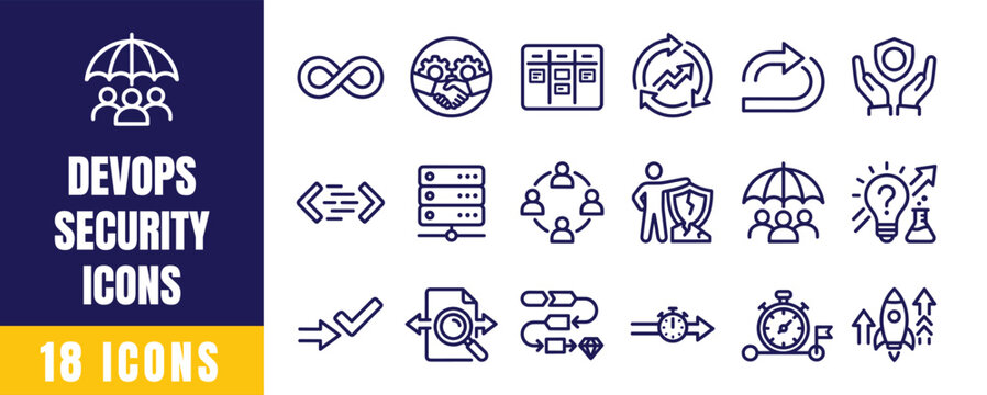 DevOps Security Icons Set &ndash; 19 Line Icons for Secure Deployment, Code Security, Access Control, and DevSecOps