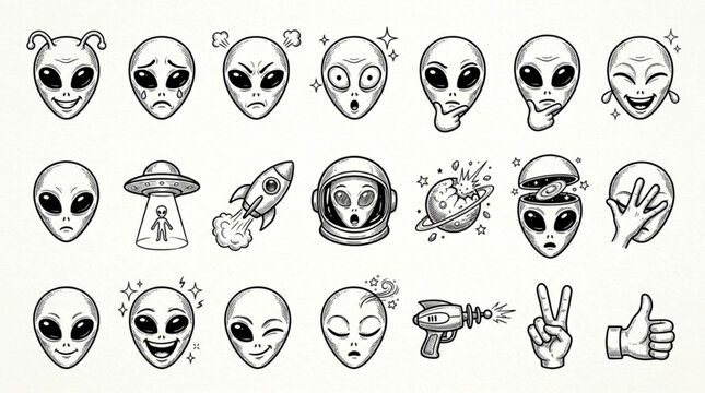 Collection of Hand Drawn Alien Faces and Symbols.