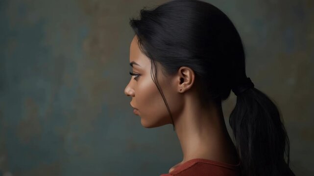 Young woman profile portrait side view with soft light calm expression serene closed eyes downcast