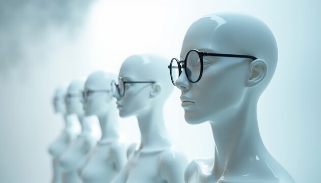 White mannequins wear round glasses in abstract fog. Repetitive shapes form a minimalist row. Futuristic vision trends inspire anonymity and clean design aesthetics for modern concepts.