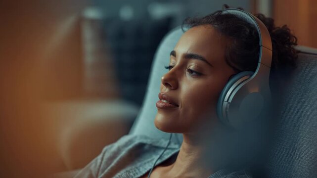 Young woman headphones relaxing with eyes closed cozy interior peaceful expression warm lighting