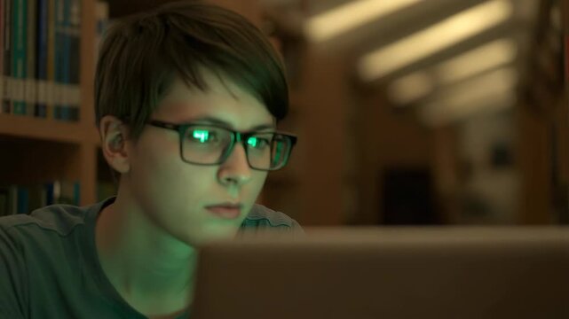 Young student with glasses studying on laptop in dim library glow focused concentration