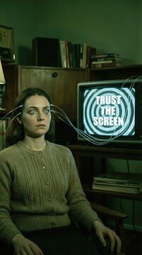 Woman under hypnosis watching retro television with swirling pattern. Concept of mind control and brainwashing through broadcasting message. Digital media manipulation and social control.
