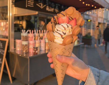 A person holding a delicious bubble waffle ice cream cone with toppings on a city street.