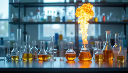 Fototapeta na wymiar Glass flasks and cylinders contain amber liquid. One flask burns with bright flame during science experiment. Research lab bench setup with labware and scientific apparatus.