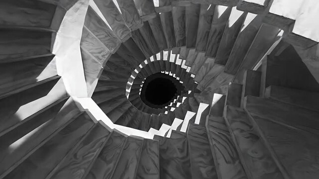 Black and white spiral staircase architectural view looking down