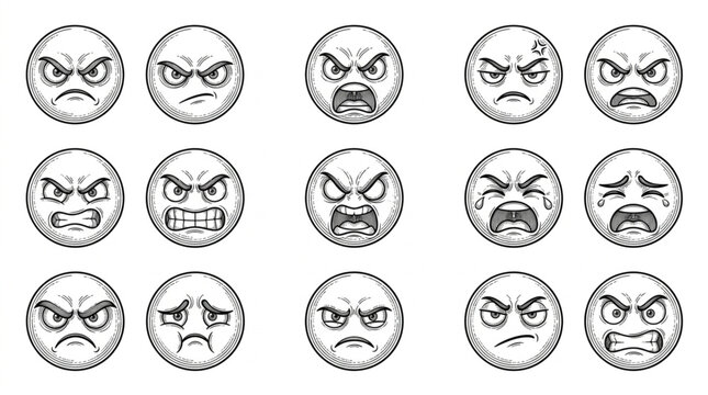 Collection of Angry and Sad Emoticons in Sketch Style.