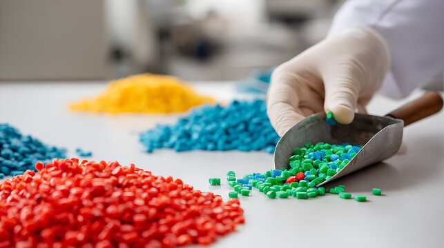 Gloved hand scoops vibrant plastic pellets from a colorful assortment, showcasing material science, quality control, and industrial process on a clean surface