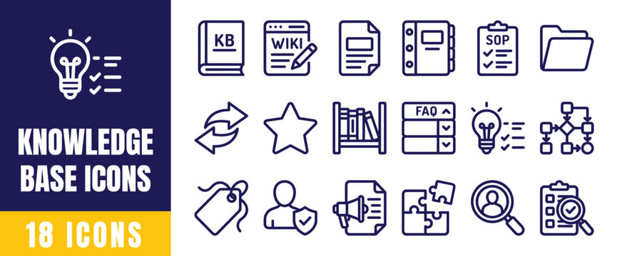 Knowledge Base Icons Set &ndash; 18 Line Icons for Learning, Documentation, Information Access, and Data Management
