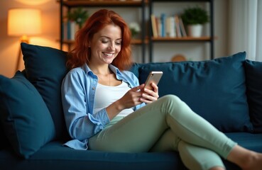 Obraz premium Redhead woman smiles using smartphone on blue sofa at home. Person browses phone screen happily, enjoys digital connection and leisure time. Cozy apartment living room setting.