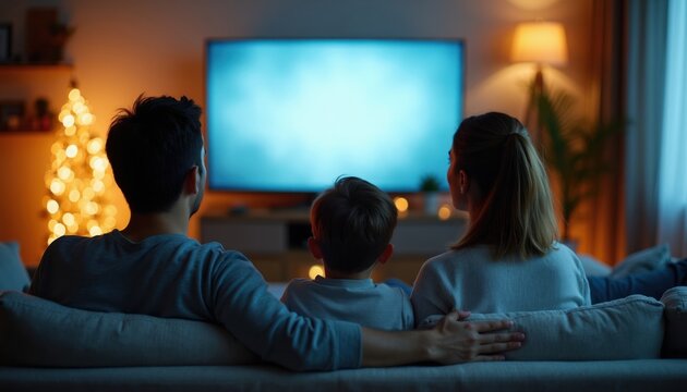 Family watches television together on couch. Parents and child enjoy movie night in cozy living room with warm bokeh lights. Evening leisure time bonding at home.