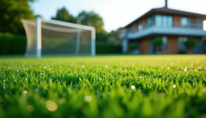 Obraz premium Green grass field with dew drops. Soccer goal and house in background. Morning sun shines on lawn. Perfect for sports, home, or nature themes.