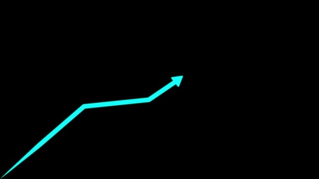 Cyan Arrow Pointing Upwards and Rightwards on Black Background. Business growth concept in graph chart showing marketing. animation