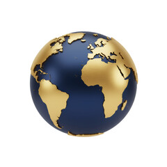 Fototapeta premium Minimalist 3d globe with geometric gold continents on a deep navy blue satin ocean sphere against a stark white background. concept of global luxury design