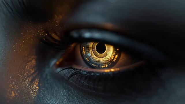 Cybernetic eye futuristic eye glowing iris golden iris tech detail close up dramatic warm light