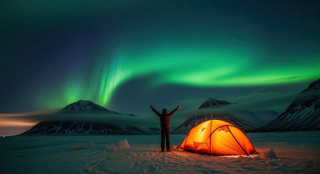 A person with raised arms stands beside a glowing orange tent under the northern lights. Snow-covered mountains frame the arctic landscape with stars shining above. Perfect for adventure and camping.