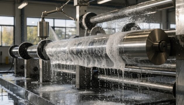 Side view of a magnetic tape production line with waterbased magnetic coating process clearly visible on the moving web showing ecofriendly manufacturing technology.
