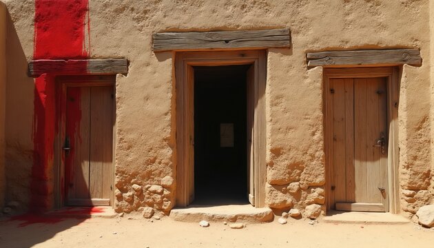 house exterior with three wooden doors. One doorpost shows red paint splash resembling blood. Central door stands open revealing dark interior space.