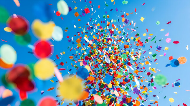 Colorful confetti explosion against clear blue sky
