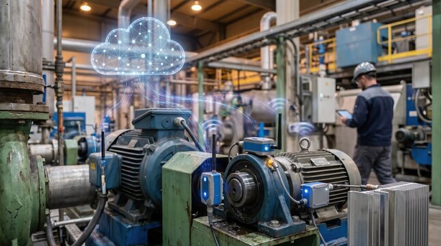 Medium shot of wireless sensorequipped equipment wirelessly sending vibration and temperature readings to a cloud platform for remote condition monitoring and predictive