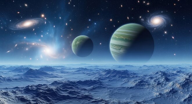 A stunning space scene with multiple planets above a frozen alien landscape of icy mountains and valleys. Distant galaxies and stars twinkle in the dark blue sky, creating vast cosmic wonder.