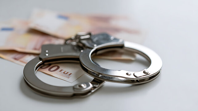 Metal handcuffs and currency notes on a white surface, crime and consequence concept, law enforcement actions, financial misconduct implication
