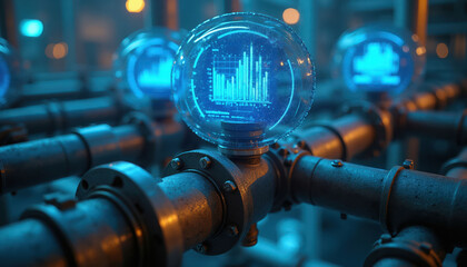 Fototapeta na wymiar Digital water meters show data on pipes. Glowing blue displays monitor flow and energy. Modern tech manages liquid systems. Smart sensors track usage. Industry infrastructure monitors.