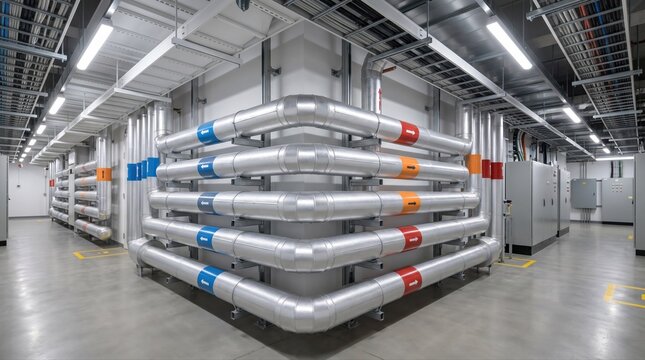 Medium shot of insulated piping in an energyefficient fab utilities corridor highlighting the sleek infrastructure designed for lowpower tool operation and heat recovery
