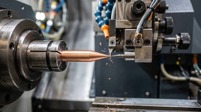 Closeup of precision conical soldering tip being machined with hightech tools showcasing intricate shaping and smooth finish for electronic assembly work.