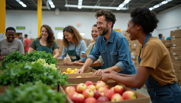 Diverse volunteers happily pack fresh produce in warehouse for food bank distribution. Teamwork, community spirit evident as sort food donations, sharing smiles, laughter helping others.
