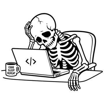 tired skeleton programmer working at laptop for coding deadline burnout debugging software development and developer humor concept