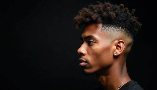Man with curly afro hair and faded undercut hairstyle. Side profile shows clean fade on sides and back, with textured dark curls on top. Shot against stark black background highlights stylish haircut.