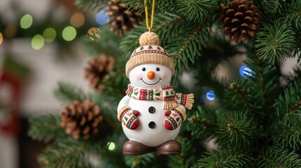 Obraz premium Snowman ornament on Christmas tree. Wears knitted hat, scarf, mittens. Pinecones, bokeh lights create holiday winter joy.