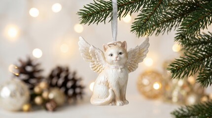 Naklejka premium White cat angel ornament on pine branch, symbolizing pet love and remembrance. Festive bokeh, winter decor creates warm holiday atmosphere.
