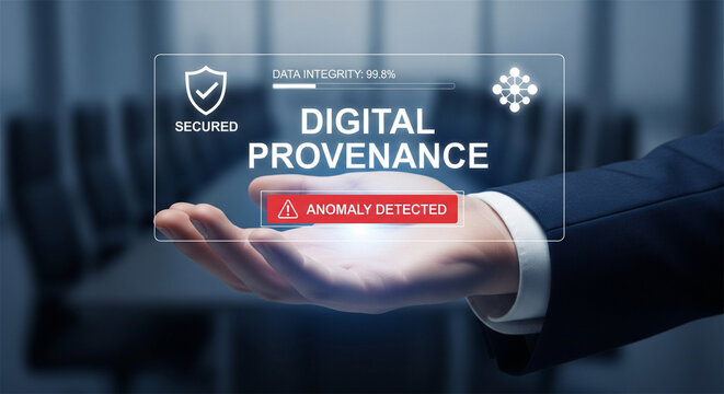 Digital provenance cybersecurity concept, data integrity and anomaly detection interface, secure blockchain tracking technology in business