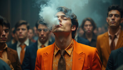 Fototapeta premium Man in orange suit exhales smoke in crowd. Other men in suits watch him. Smoky atmosphere in dimly lit urban setting. Public gathering with focus on one individual.