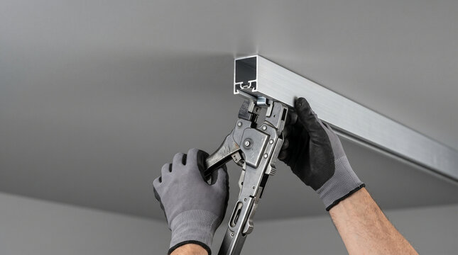 Close-up of builder installing metal ceiling frame with crimping tool