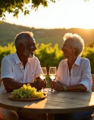 Obraz premium Elderly couple smiles sharing wine at wooden table outside vineyard during sunset. Couple enjoys golden hour, grapes, and scenic nature view. Happy relationship goals, relaxed lifestyle.