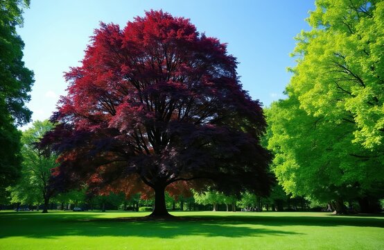 Large copper beech tree with deep purple leaves stands in green grass park. Bright green trees border the meadow under clear blue sky. Outdoor nature scene.
