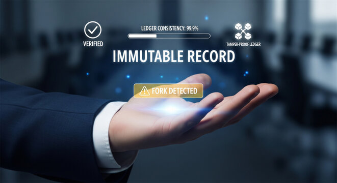 Immutable record blockchain technology concept, businessman holding digital ledger consistency interface, secure data verification system